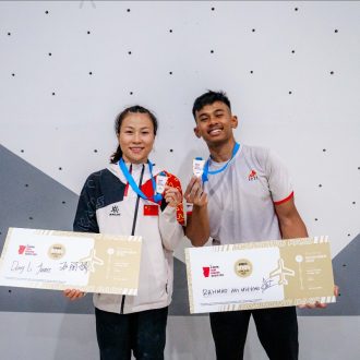 Lijuan Deng y Rahmad Adi Mulyono, ganadores del clasificatorio preolímpico asiático de Jarakarta 2023 (Foto: Lena Drapella/IFSC).