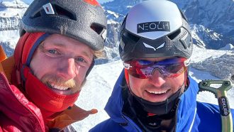Simon Gietl y Martin Feist en 'Aura' al Sassolungo (Foto: @simongietl_alpinist).